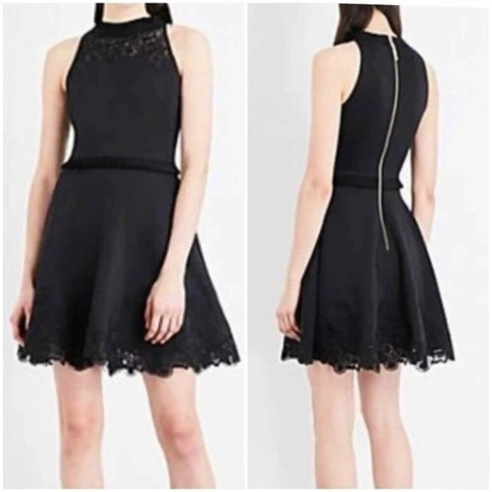 Ted Baker fit & flare black sleeveless dress with lace around hem & neckline.